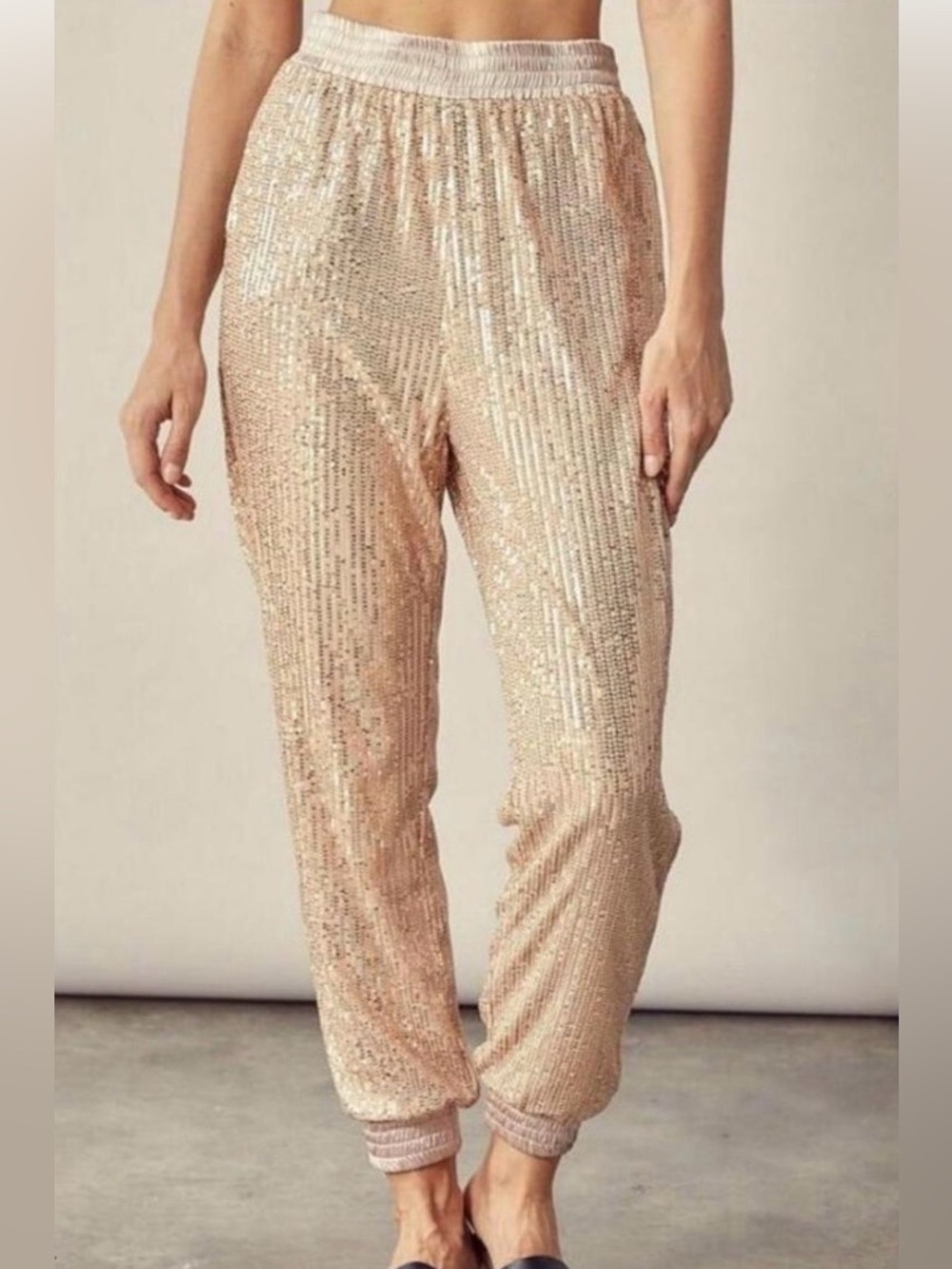 Mustard Seed Champagne Sequined High-Waisted Jogger Party Pants Size S